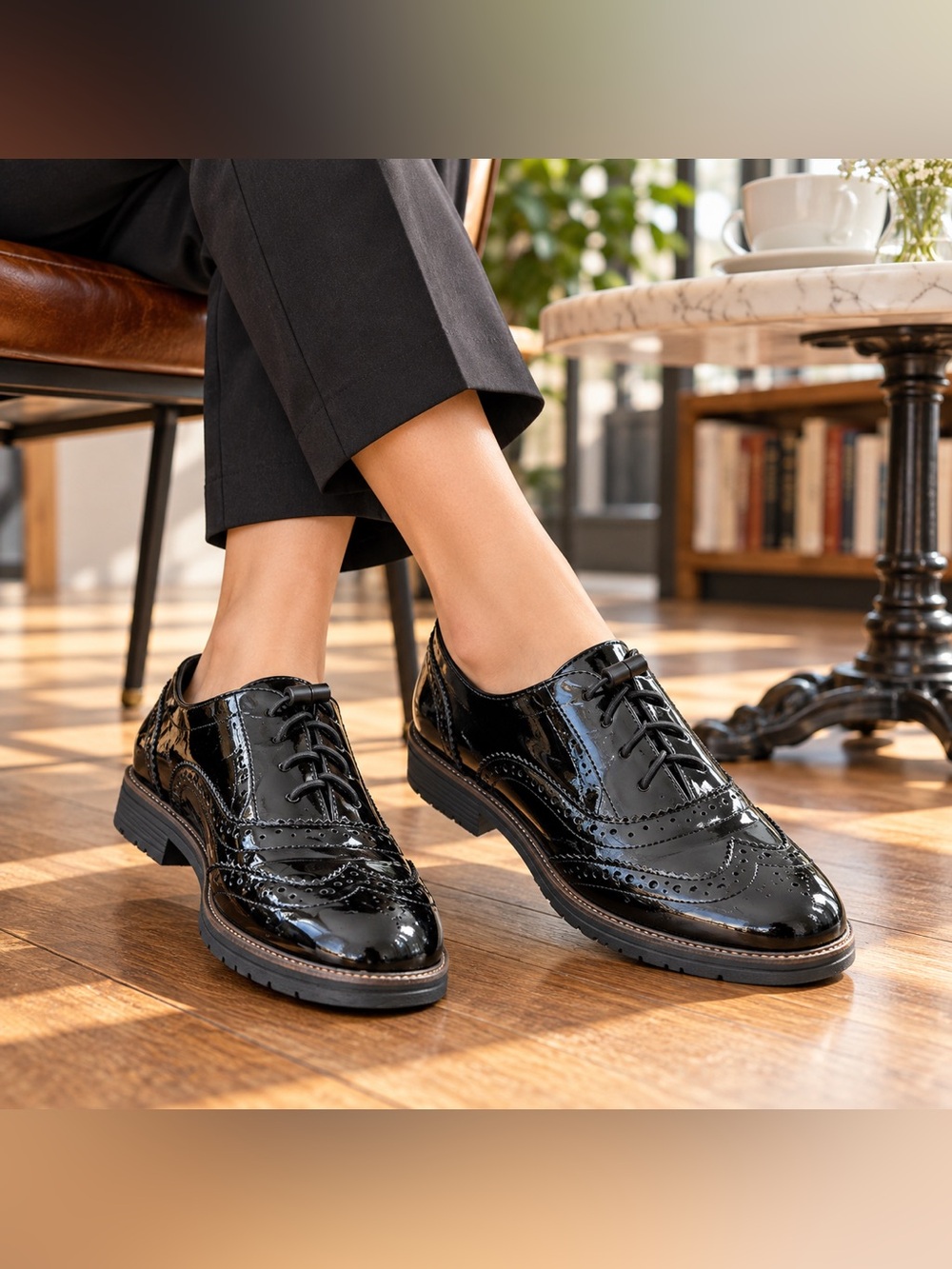 Women’s Vintage Black Patent Wingtip Oxford Shoes Brogues Size 6.5